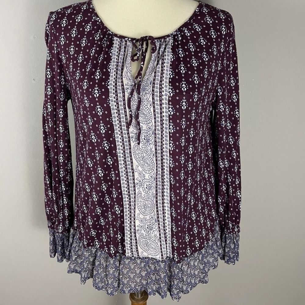 LUCKY BRAND Burgandy & Blue Blouse Tie Front & Ruffled Hem Boho Peasant Top SZ S